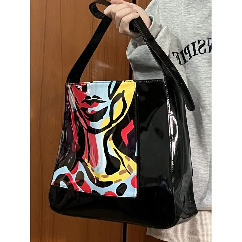 JIAERDI High Street Print Tote Bag Women Hot Girls Pu Leather Casual Crossbody Bags Purse Female Vintage Black Shoulder Bag Chic