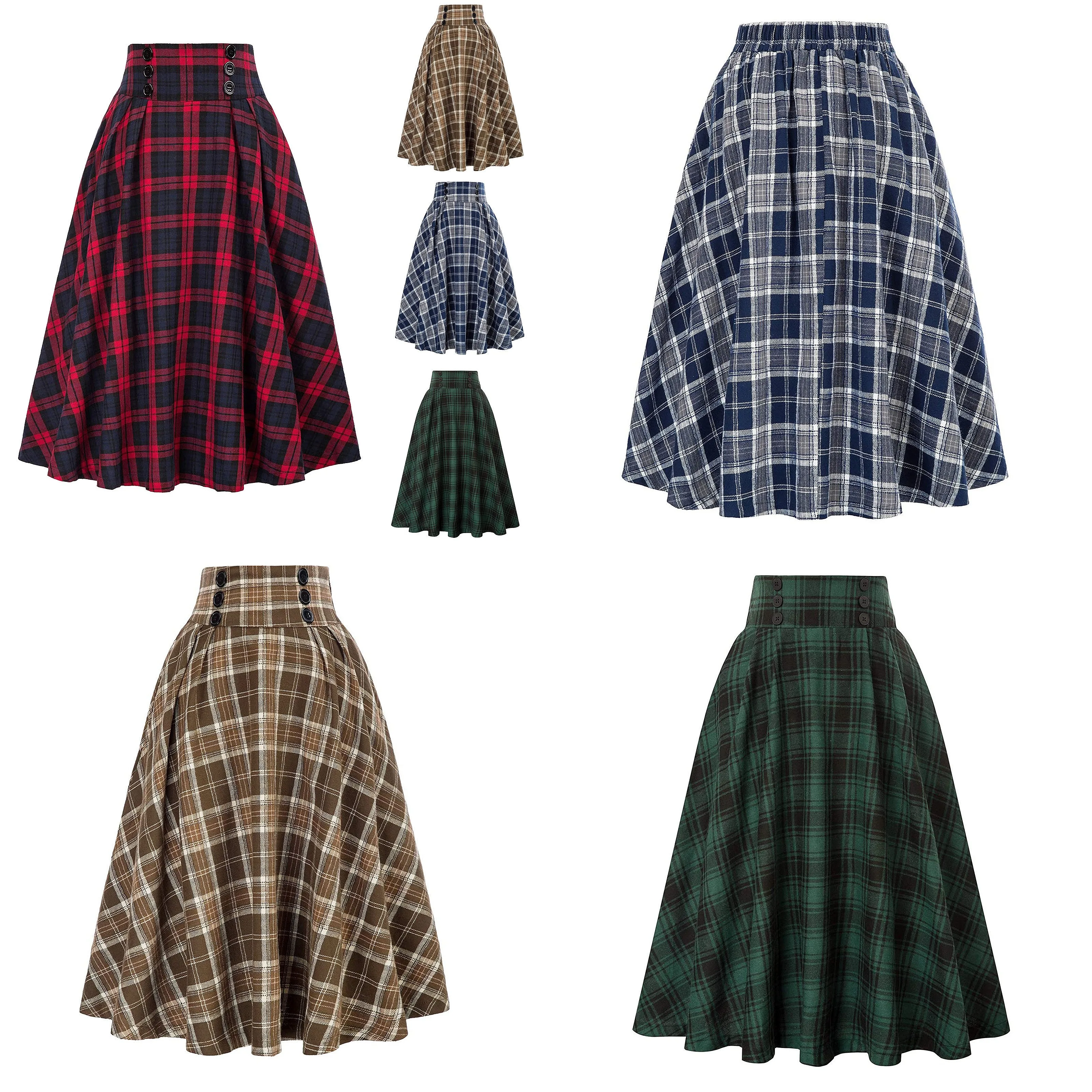 High Waist Plaid A-Line Skirt Women Autumn Winter Fashion Pleated Flare Skirt Skirts Casual Streetwear Vintage Trendy