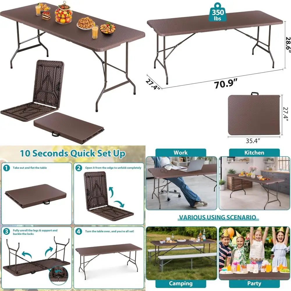 

Portable Folding Table 6 Feet Plastic Outdoor Picnic Party Camping Dining Table with Handle, Brown, 71 x 27