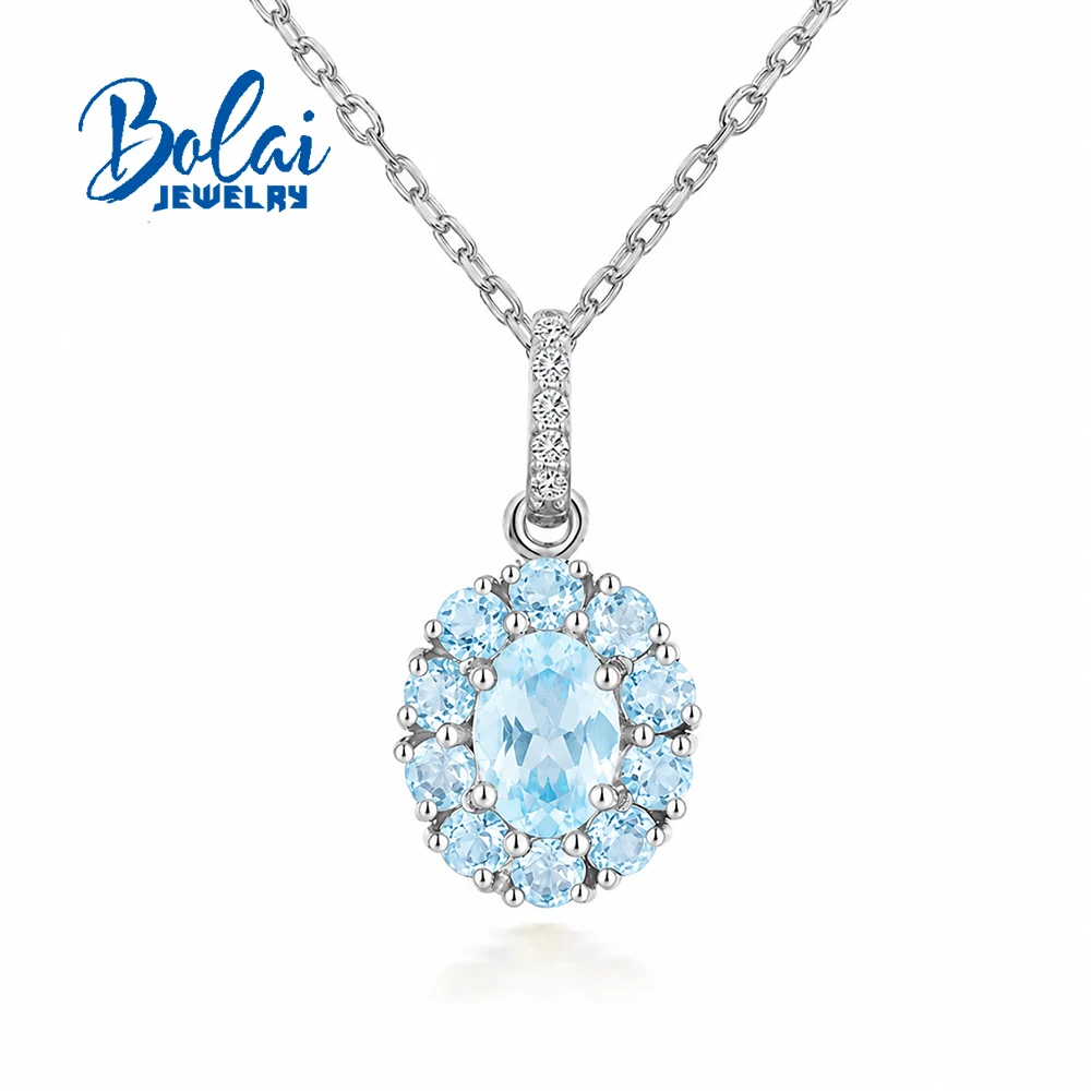 Women Classic Natural Sky Blue Topaz Pendant Necklace 925 Sterling Silver Gemstones Fine Jewelry For Birthday Festival Gifts