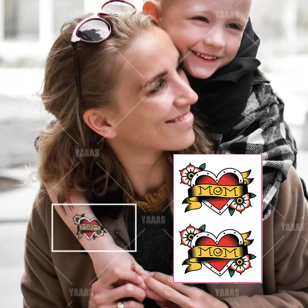 Waterproof Removable Temporary Tattoo Sticker Red Heart Love Mother's Day BEST MOM Kids Fake Tattoos Child Baby Photography Prop