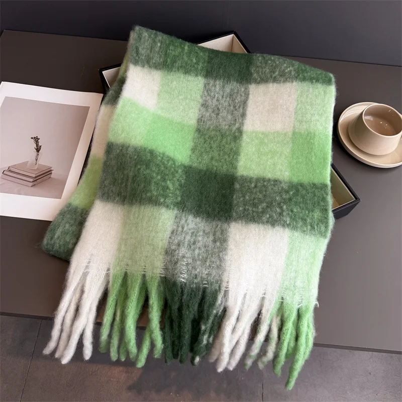 Warmer Dicker Winterschal für Damen, Mohair, Kariert, Weicher Quastenschal, Pashmina, Großer Halsdecken-Schal – Detail 18
