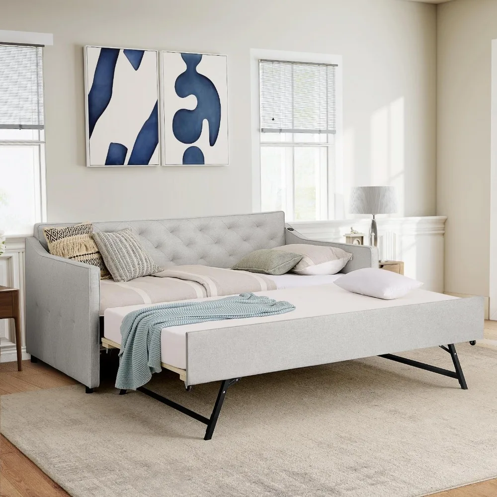 Daybed with Pop up Trundle, Fabric Upholstered Twin Size Day Bed Pull-Point Sofa Daybed Frame w/Twin Roll-Out
