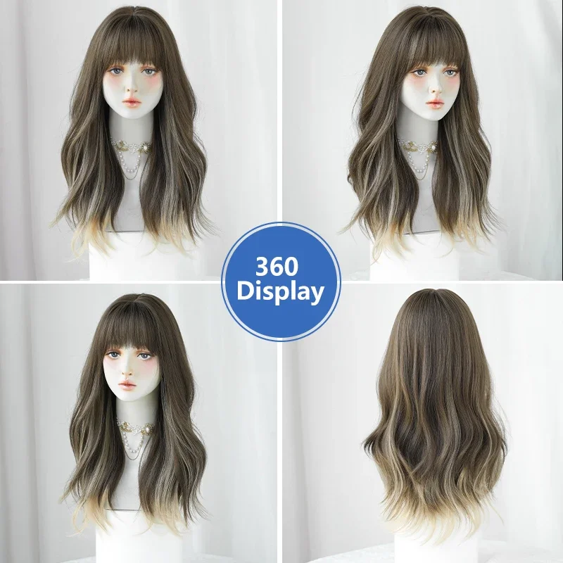 NAMM High Density Synthetic Ombre Brown Wig for Women Costume Wig Fashion Long Body Wavy Highlight  Beigee Wigs with Bangs