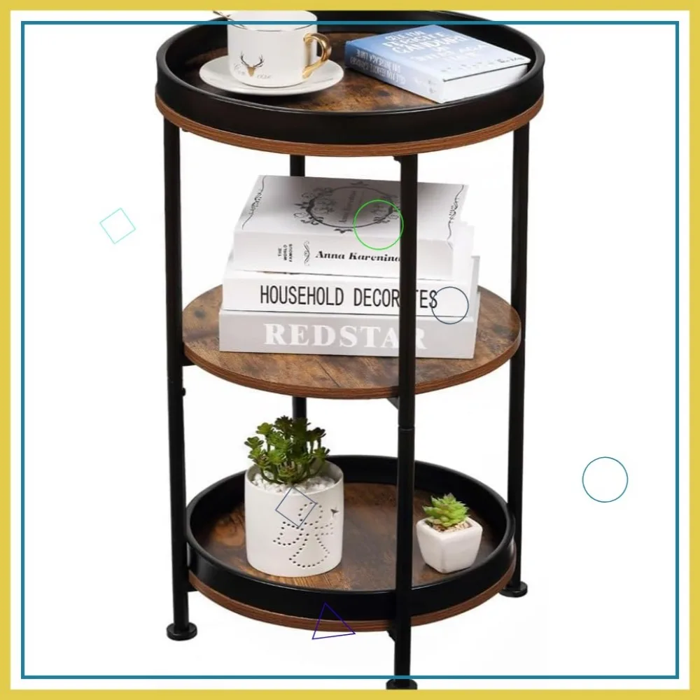 

Round Side Table with 3 Shelves, Steel Frame for Living Room, Bedroom, Small Spaces, Rustic Brown Industrial Design