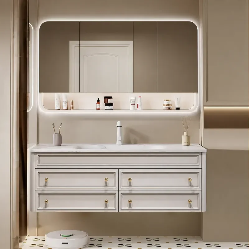 New French Style Rock Slab Hot Bending Integrated Basin Bathroom Cabinet with American Oak Washbasin Combination