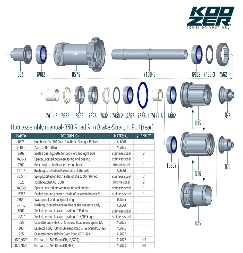 عجلات دراجة الطريق Koozer 350 HGR XDR MSR - محور سقاطة 40T، تصميم على شكل حرف V لسحب مستقيم لدراجات الطريق/المدينة 10/11/12S
