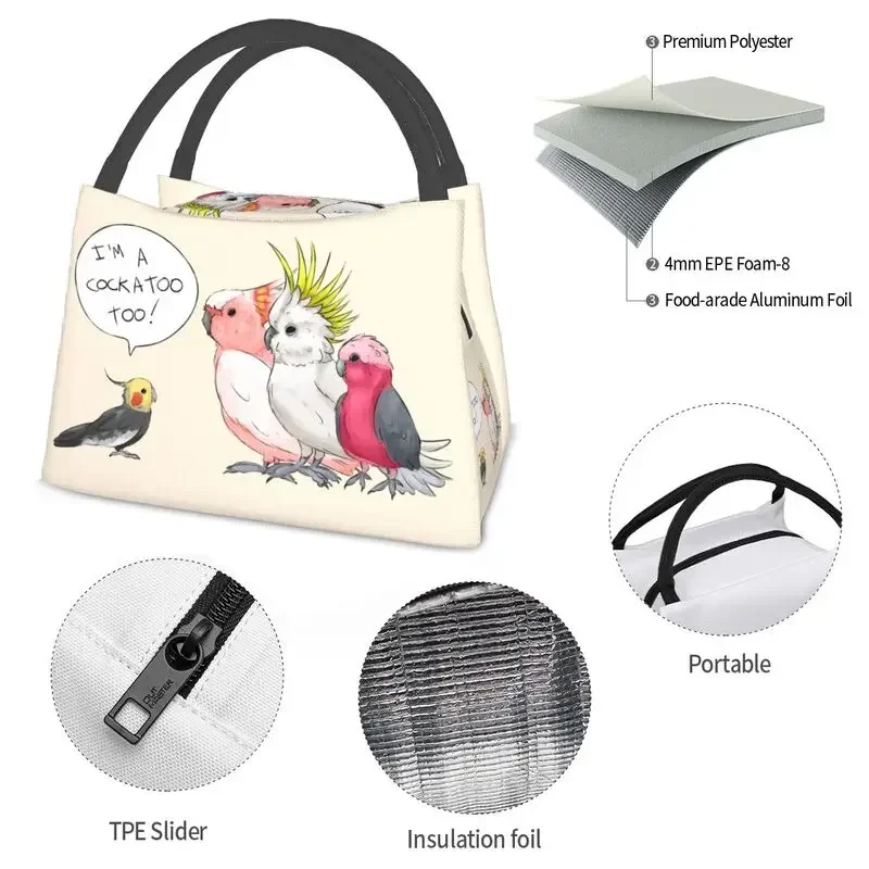 Funny Cockatoo Cockatiel Thermal Insulated Lunch Bag Women Parrot Birds Resuable Lunch Tote Work Travel Storage Meal Food Box