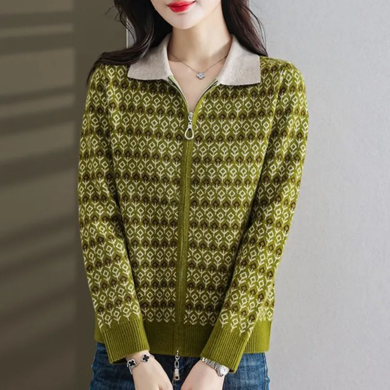 

Double Zipper Cardigan Ladies Tops Autumn Winter 2025 New High-quality Sweater Women's Lapel Jacquard Knitwear Coat Joker Jacket