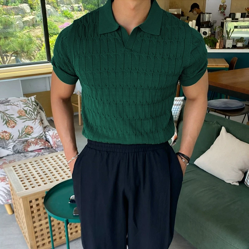 

Mens Summer New Lapel Polo Shirt Sports Casual Slim Fit Breathable Knitted Short Sleeve Fitness Elastic Solid Color Polo Shirt
