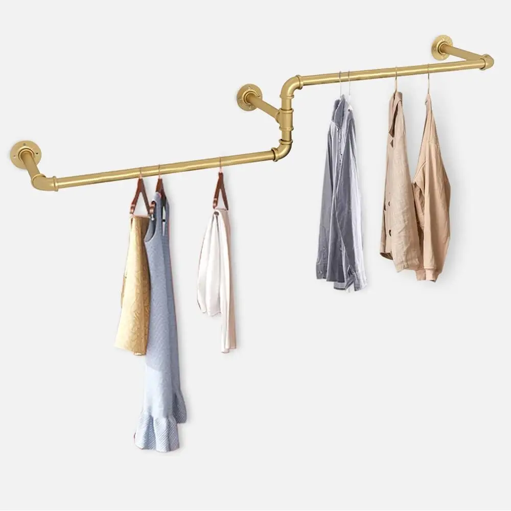 

180cm Formig Industrial Clothes Rail Wall Mounted Clothes Rail, Industrial Pipe Wall Clothes Rail Gold for Home, Shops