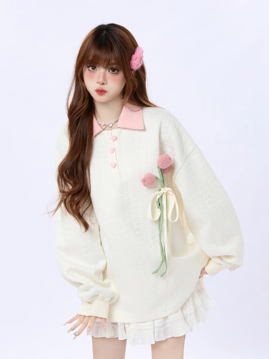 

ENJOG Knitted Tulip Collar Sweatirt Women's Spring New Loose Soft Houtooth Outerwear Long Sve Regular Length T-irt