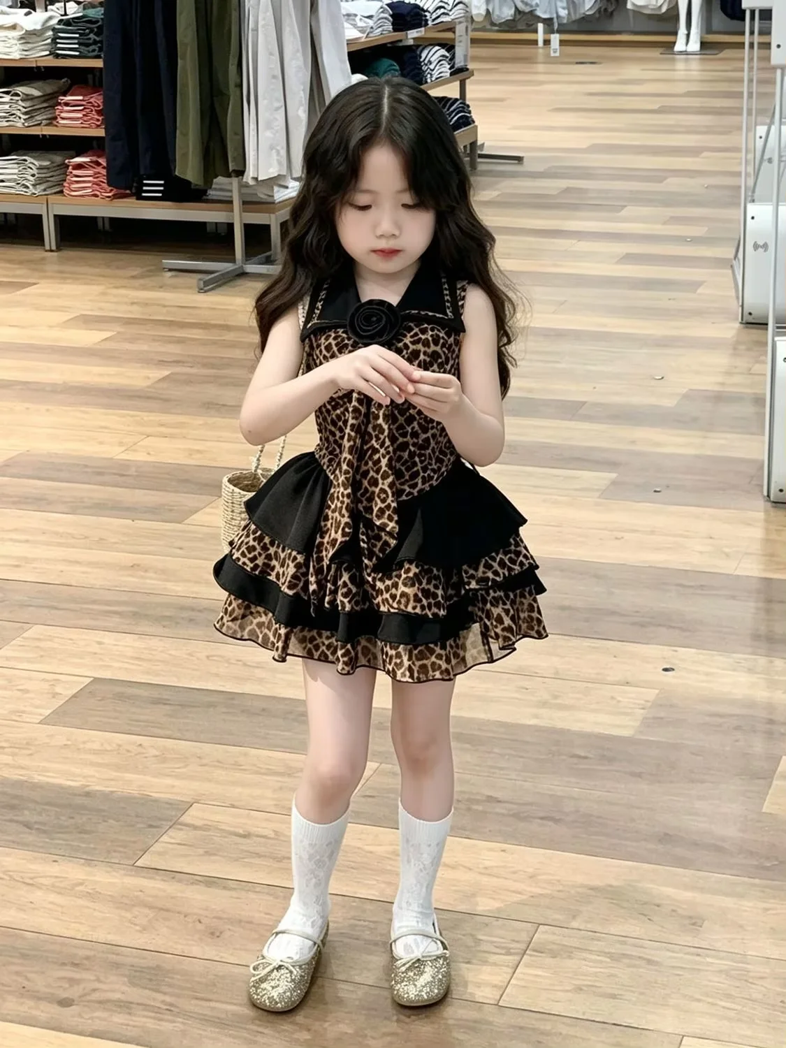 Girls Summer Dresses 2026New Arrival Leopard Print Sleeveless Cake Dress with Ribbon and 3D Flower Kids Toddler Fashion Clothing
