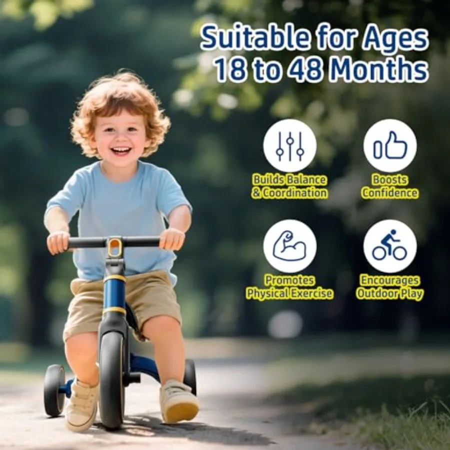 Rowerek biegowy 5w1, trójkołowiec dla malucha, dla dzieci w wieku od 1 do 3 lat, niebieski, zabawka do jeżdżenia dla dzieci w wieku od 18 miesięcy do 4 lat, rower na zewnątrz i do wewnątrz, prezent dla dziecka.