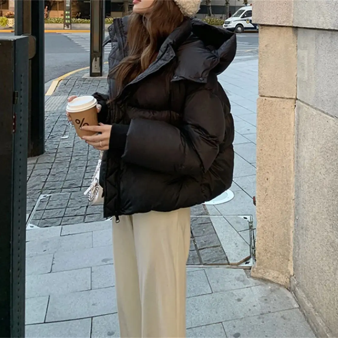 Winter Short Thick Padded Jacket Women Fashion Loose Long Sleeve Hooded Coats Solid Color Female Warm Oufwear Casual Outfit Coat