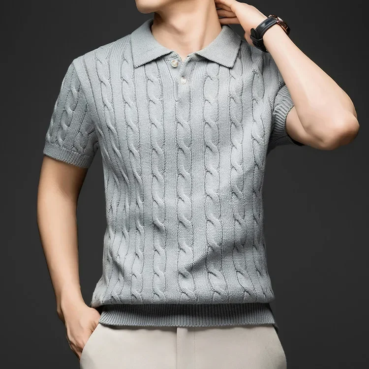 100% Baumwolle Herren Strick-Poloshirt Kurzarm Baumwolle Zopfmuster Retro Umlegekragen Lässiges Business-Oberteil – Detail 14