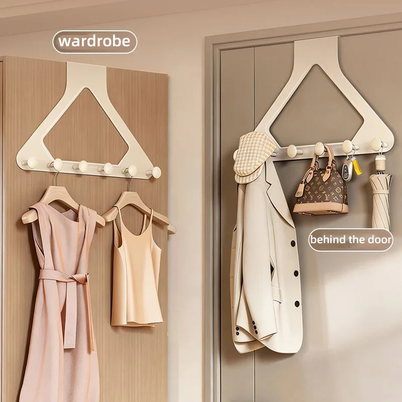 Triangular multi‑purpose hook behind door, drill‑free with double‑sided adhesive. It fits closely after installation and is not easy to fall off. This behind‑wardrobe‑door coat hanger works well in bedrooms