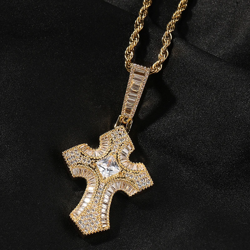 Hip Hop 5A+ CZ Stone Paved Bling Iced Out Solid Cross Pendants Necklace for Men Rapper Jewelry Black Pink Gold Silver Color