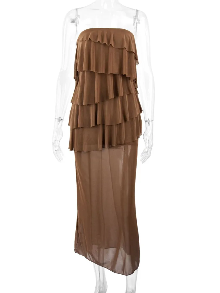 Sukienka maxi bez ramiączek z odkrytymi ramionami, falbankami, seksowna, damska, modna, z siateczkowymi wstawkami, bez rękawów, z odkrytymi plecami, obcisła, długa sukienka klubowa.