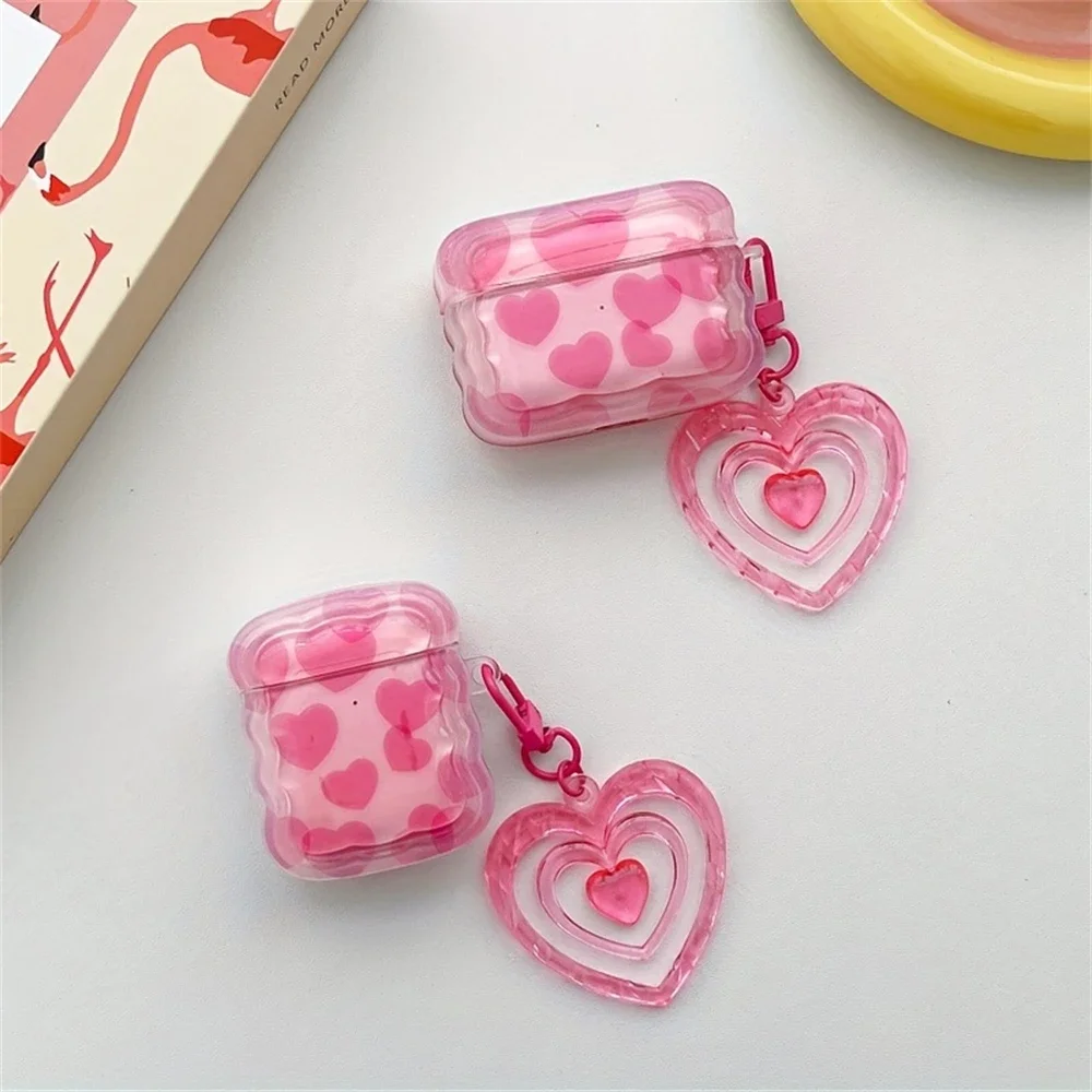 Korean Pink Love Heart Headphones Case For AirPods 4 1 2 3 Chassis Cute Wavy Border Love Heart Chain Soft Case For AirPods Pro 2