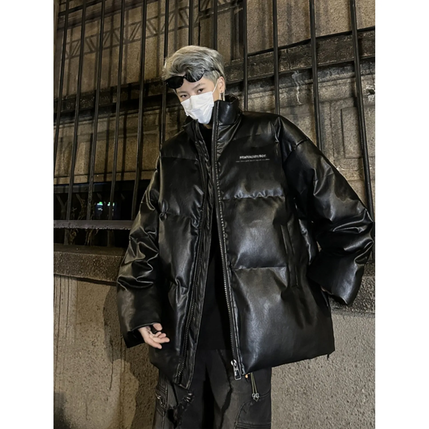 

Men's Thickened PU Leather down Jacket Stand Collar Bread Style Coat Warmth Youth Fashion Winter Outerwear Casual Wear