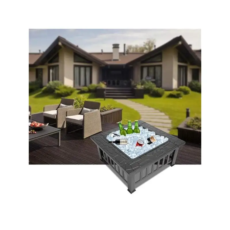 Foyer portable en métal avec accessoires, noir, utilisation dans la cour extérieure