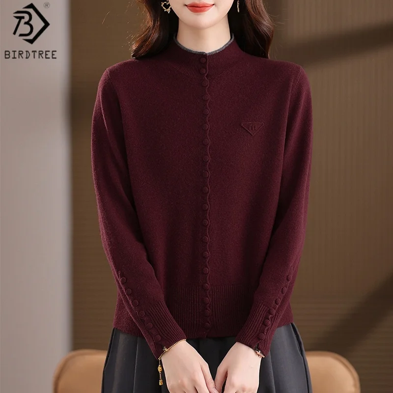 

Birdtree, вязаный свитер из 100% овечьей шерсти, женские мягкие теплые топы на пуговицах с воротником-стойкой, полный рукав, осенне-зимний пуловер 2025 T5N403JF