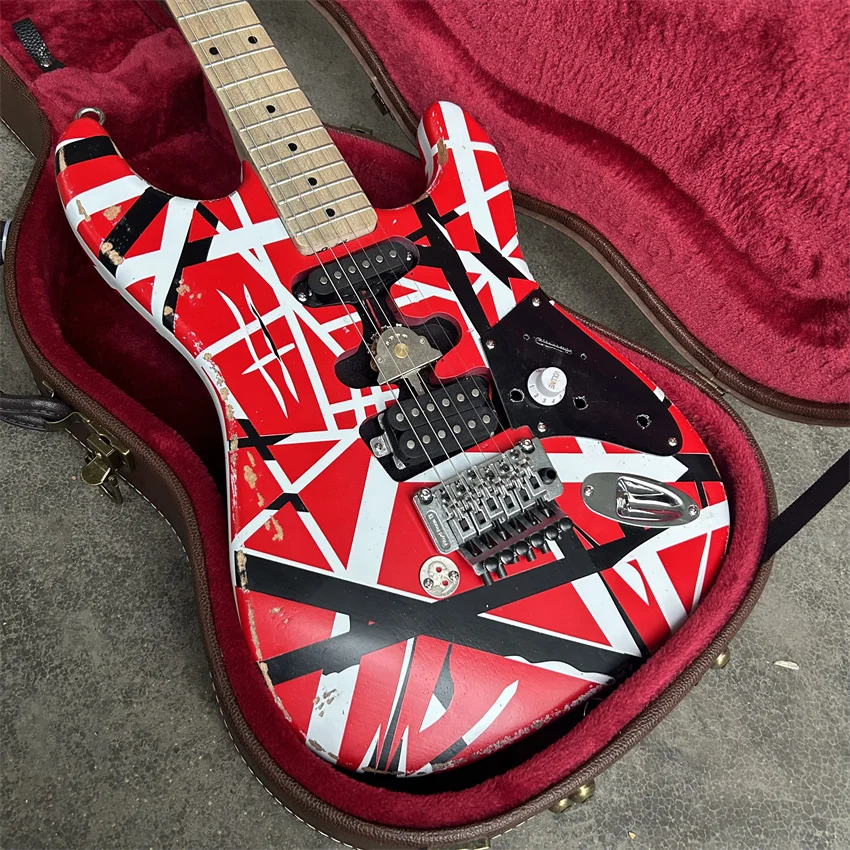 Stock Edward Eddie Van Halen Heavy Relic Red Frank-en Electric Guitar Black White Stripes Floyd Rose Tremolo Bridge Slanted