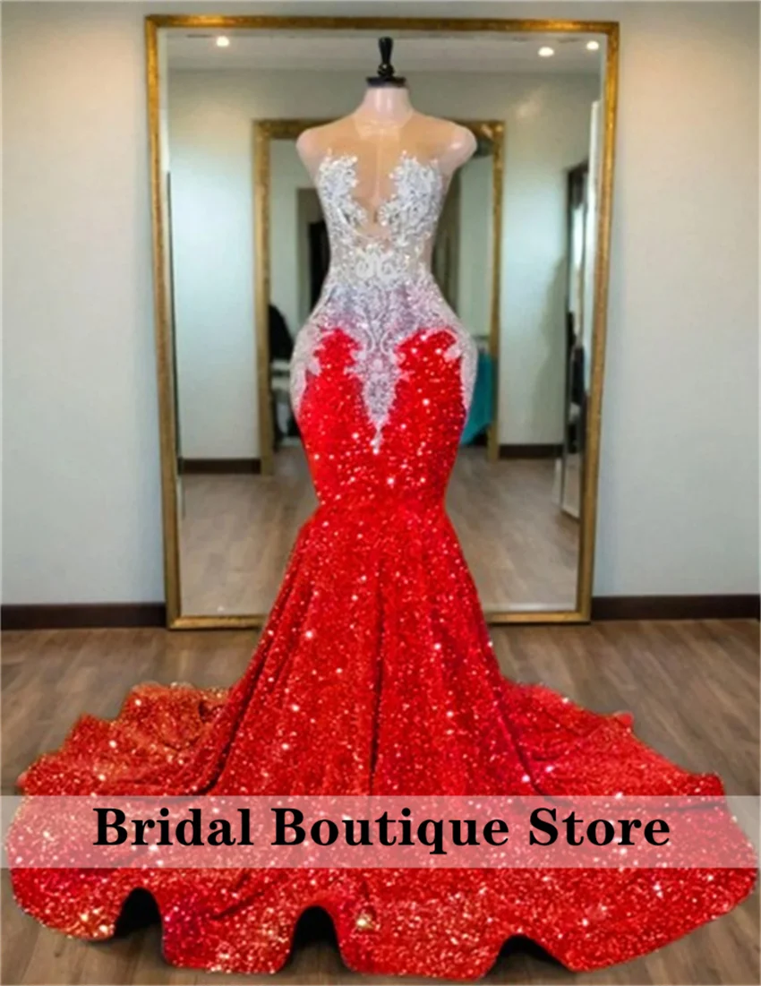 

Glitter Red Prom Dresses 2025 Gems Pearls Crystal Beads Sequins Gown Wedding Birthday Party Gowns Black Girls Customized