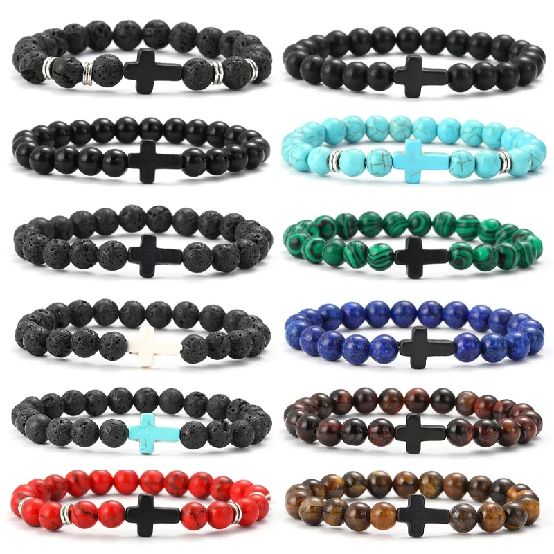 8mm Prayer Men Natural Stone Beads Rosary Hematite Cross Bracelets Onyx Meditation Bracelet Women Yoga Jewelry Homme Pulsera