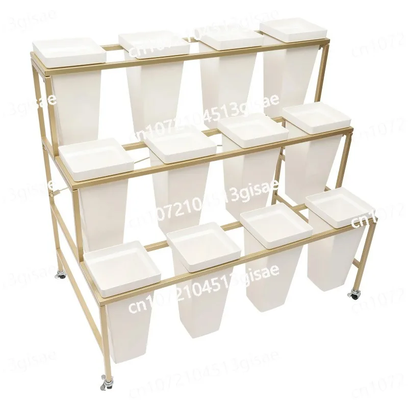 Terraces, Gardens Flower Display Stand with 12PCS Buckets, 3-Layer Metal Plant Stand with Wheels for Indoor and Outdoor