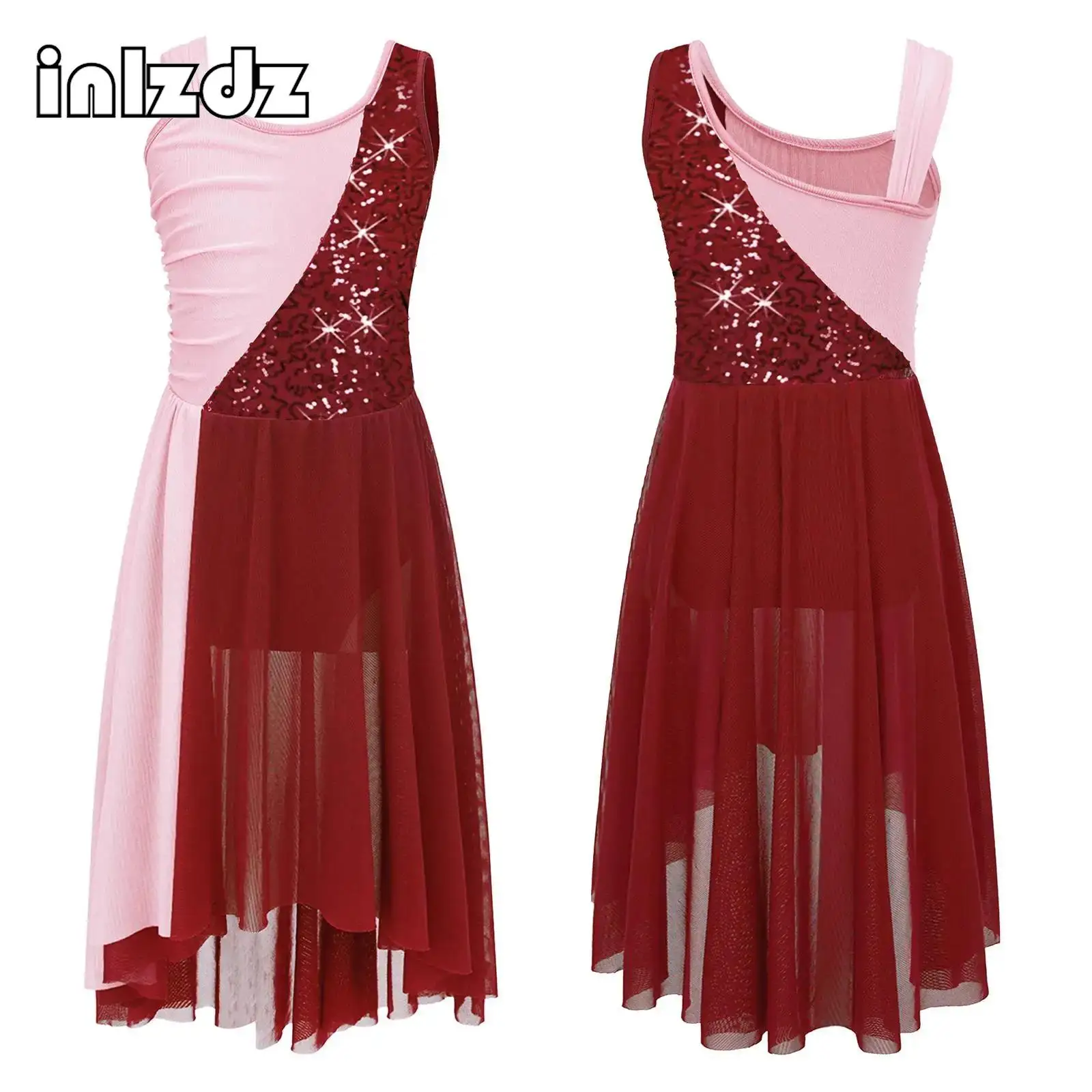 

Kids Girls Contrast Color Stylish Sleeveless Round Neckline Shiny Sequins Decorated Irregular Hem Dance Stage Performance Dress
