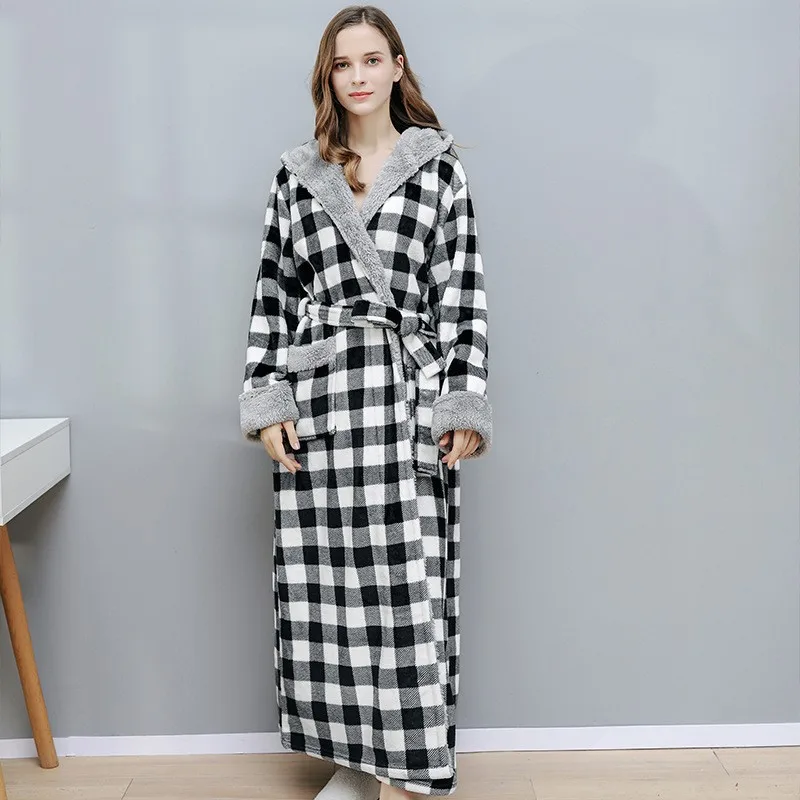 Autumn Winter Hooded Nightdress Print Plaid Flannel Warm Pajamas Bumps Soft Couple Nightgown Men's Morning Gown Thickened