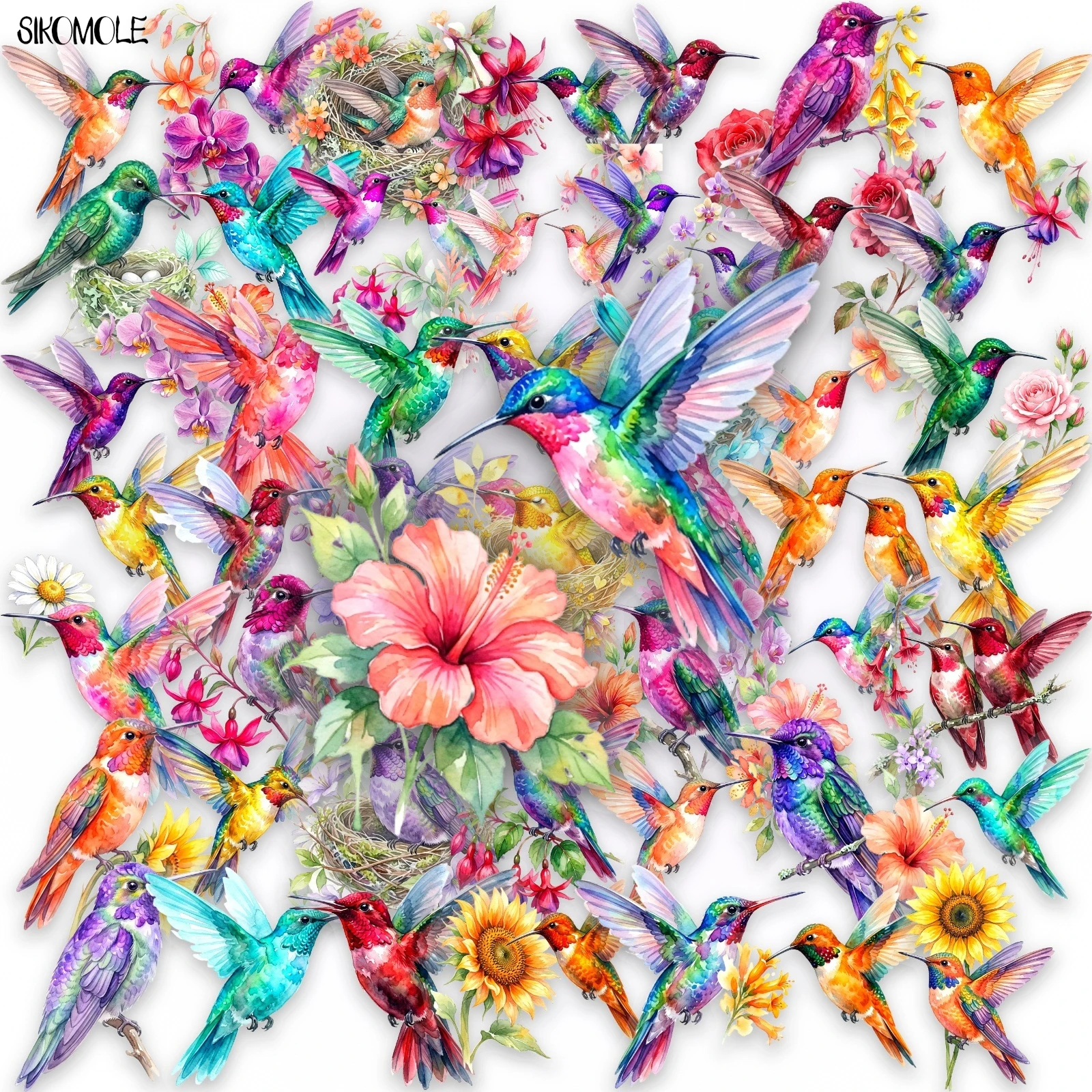 50PCS Watercolor Hummingbird Flower Stickers Fresh Bird Floral Pattern Transparent PET Decals for Journal Notebook Decor Sticker