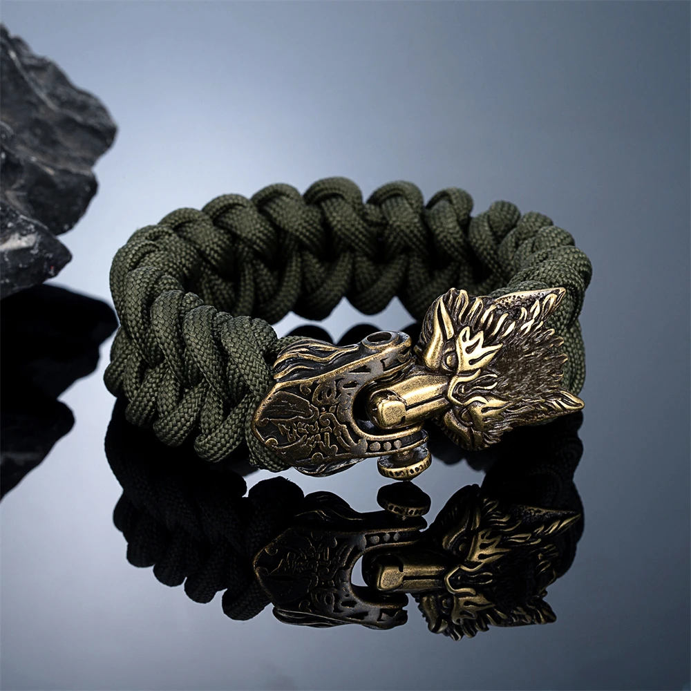 Vintage Vikings Wolf Survival Rope Bracelet for Men Bronze Stainless Steel Clasp Charm Norse Runes Handmade Male Women Jewelry - Image 3