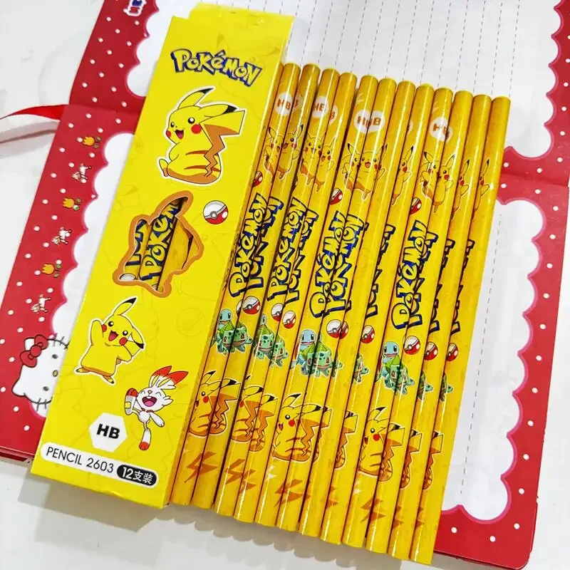 12pcs Pokemon Pikachu Pencil Cartoon Anime Cute Children HB Pencil Students Stationery Fashion Learning Supplies Holiday Gifts