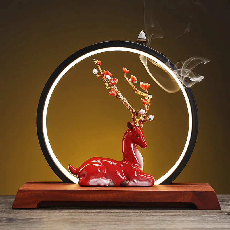 

Ceramic sika deer backflow incense burner, creative LED light circle, small deer incense holder, home decoration accessories