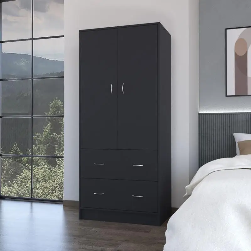 Wenden Wardrobe with 2 Drawers, 2 Doors, Ample Storage & Hanging Rod, Black Finish