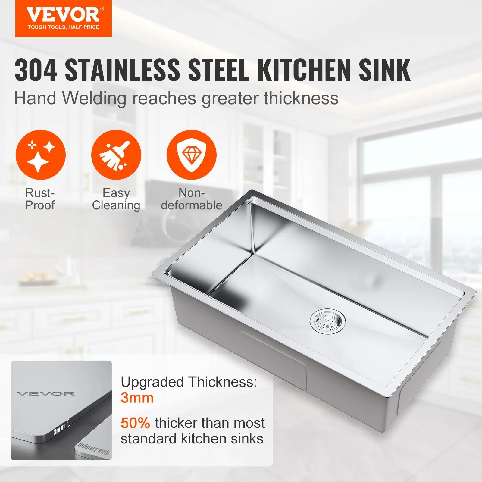 Kitchen Sink, 304 Stainless Steel Drop-In Sinks, Undermount Single Bowl Basin with Ledge and Accessories,