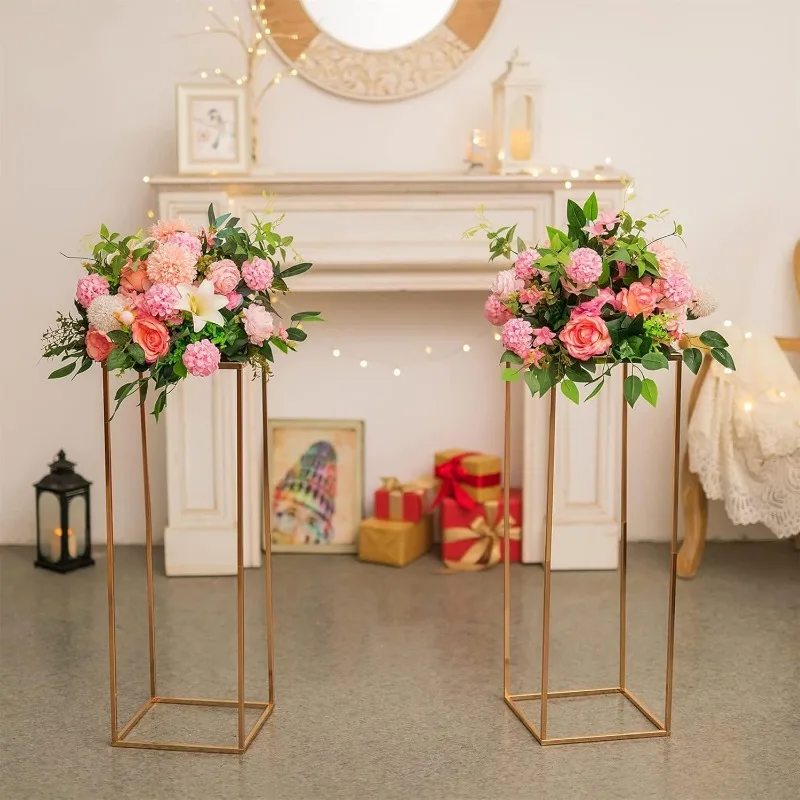 Floor Vase Tabletop Ornaments - 10 Pieces Metal Column Geometric Flower Stand with Plate 31.5 Inch Gold