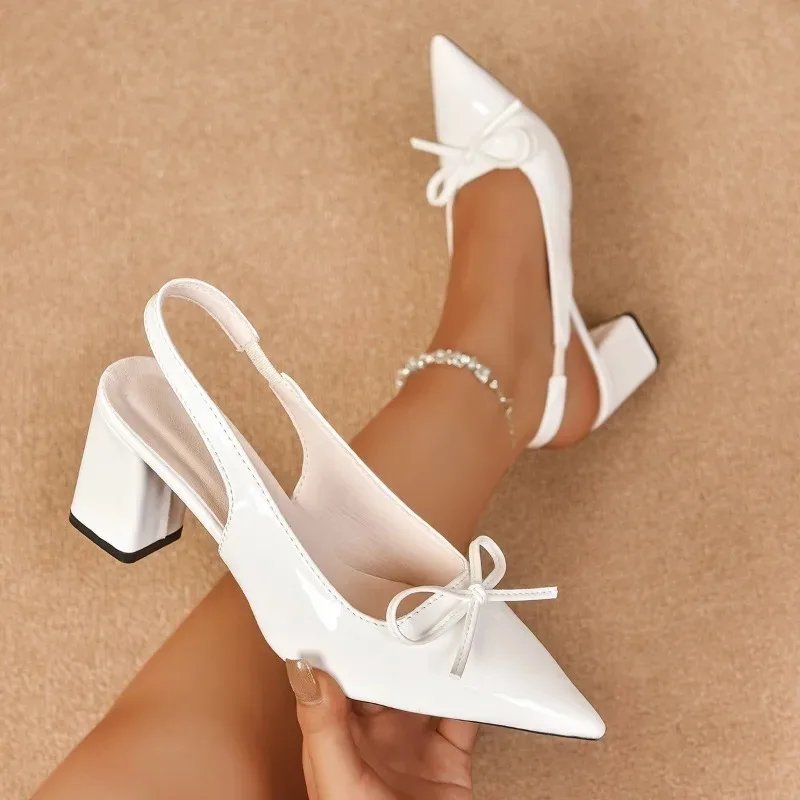 

Women Sandals Temperament Pointed High Heel Single Shoes Elegant Bow Women Pumps High Quality Lacquer Leather High Heels Sandals