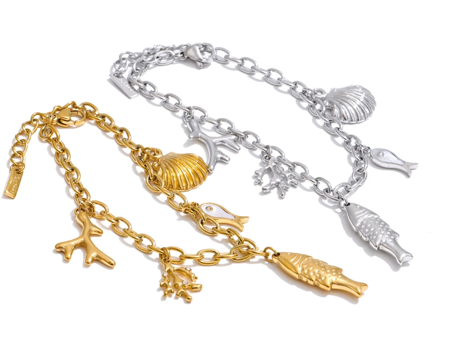 Yhpup Ocean Style Stainless Steel Chain Fish Shell Drop Bracelet Bangle 16K Golden PVD Plated Waterproof Summer Trendy Jewelry