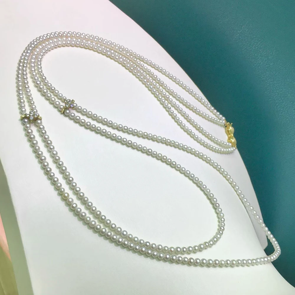 

3-4 мм натуральный маленький жемчуг, белые бусины, цепочка для свитера ручной работы, ожерелье, двойная нить, роскошная цепочка из натурального жемчуга для женщин