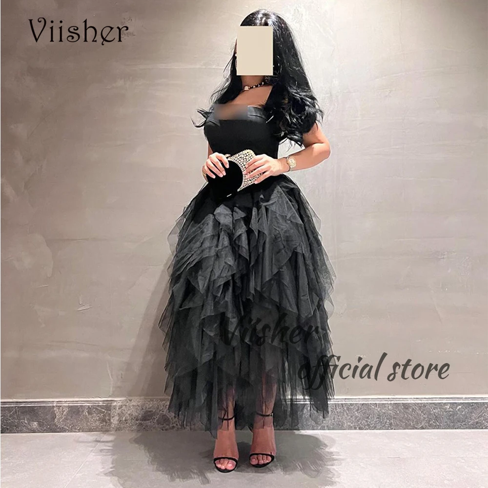 

Viisher Black Tulle Mermaid Evening Dresses for Women Arabian Dubai Formal Prom Dress Ankle Length Celebrate Occasion Gowns