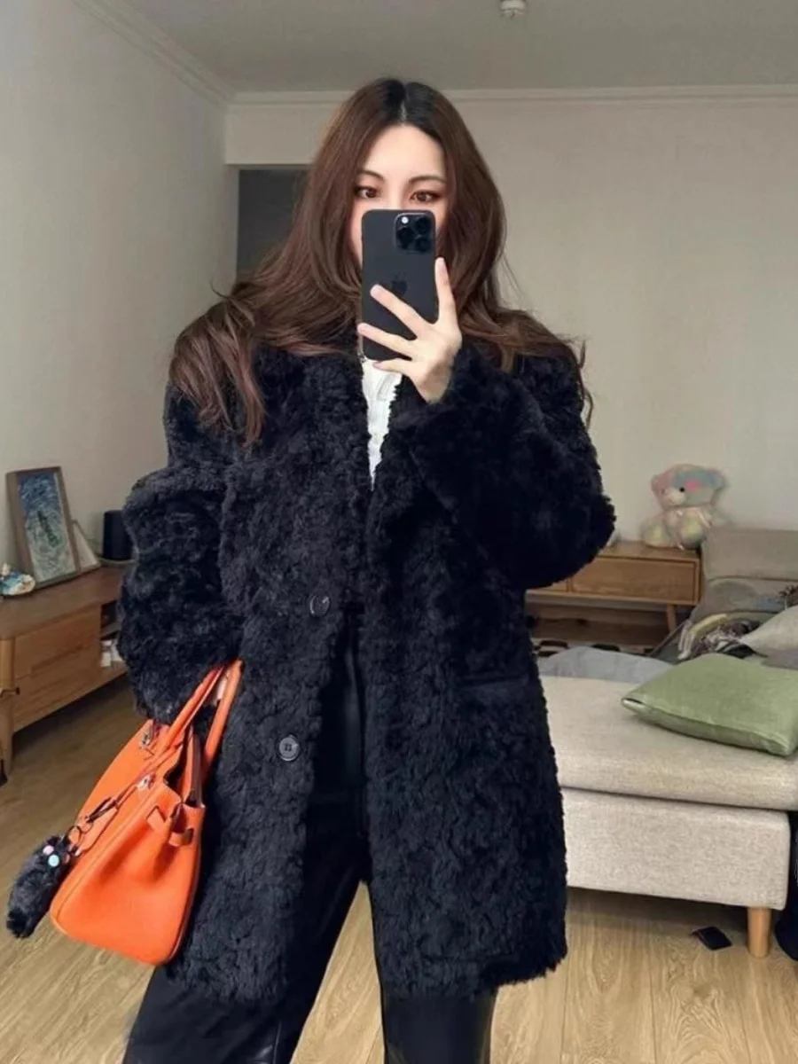 

Bla Lamb Fur Jaet Women's Winter Thiened Loose Long Coat Upper Body 2024 New Sle Commute Sle Collar