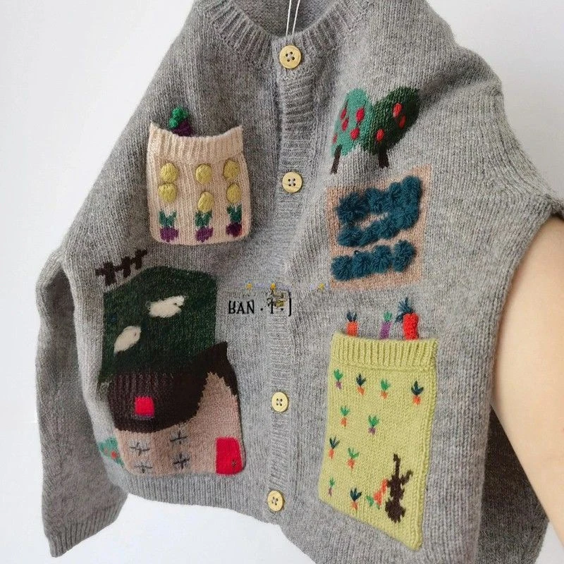Children clothing girls sweater autumn 2023 boys and girls knitted sweater embroidered sweater, cardigan stylish pocket jacket