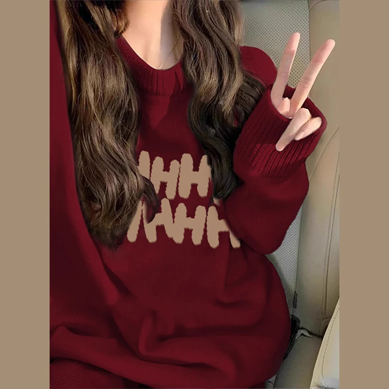 

Red sweater for women in autumn and winter 2024, new loose and lazy style, with a bottom knit sweater and top