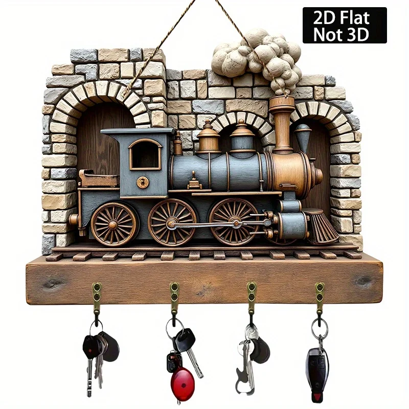 2D Flat, Vintage Steam Locomotive Key Holder - Rustic Farmhouse Wall-Mounted Organizer with 4 Metal Hooks, 12 Screws, 11 Holes,