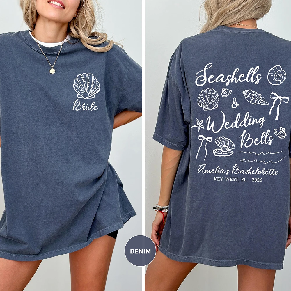 Seashells and Wedding Bells Bach or Bride Shirt Beach Bach Cover Up Coastal Bridal Party Tee Key West Girls Trip Tee Bride Top