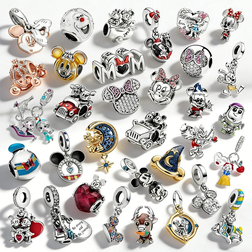 

DISNEY 925 Sterling Silver Beads Mickey Minnie Mulan Cinderella Charms fit Bracelets or Necklaces for Women DIY Jewelry Making